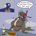  absurd_res aircraft anthro belly beverage big_belly big_breasts blue_eyes blush bodily_fluids braless breasts burger charlotte_(panzerschreckleopard) chubby_female clothing duo f2h_banshee female flirting food fries hi_res jasper_(ndragon3) living_aircraft living_machine living_vehicle machine male military_uniform necktie nipple_outline p-47_thunderbolt panzerschreckleopard shirt speech_bubble sweat sweatdrop tank_top topwear uniform vehicle 