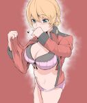  1girl blonde_hair blush bow bow_bra bra braid breasts cleavage covering_mouth darjeeling_(girls_und_panzer) every_bakutan french_braid girls_und_panzer green_eyes groin hair_between_eyes hand_over_own_mouth heart highres jacket large_breasts navel no_pants open_clothes panties pink_bra pink_panties red_background red_jacket self_exposure short_hair solo st._gloriana&#039;s_military_uniform underwear 