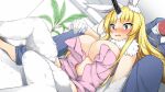  1boy 1girl animal_ears artist_request bangs blonde_hair blue_eyes blunt_bangs blush breasts hair_dryer hand_on_another&#039;s_knee horns large_breasts long_hair miraj_(monster_musume) monster_girl monster_musume_no_iru_nichijou monster_musume_no_iru_nichijou_online naked_towel neck_ruff official_art on_floor open_mouth rabbit_ears single_horn sitting solo_focus surprised towel very_long_hair wardrobe_malfunction white_fur 