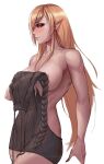  1girl absurdres areolae backless_dress backless_outfit bare_back bare_shoulders blonde_hair breasts dark-skinned_female dark_elf dark_skin drawstring dress elf grey_sweater hair_down highres hololive long_hair meme_attire multicolored_hair myth1carts naked_sweater pointy_ears ribbed_sweater shiranui_flare sideboob solo streaked_hair sweater sweater_dress thighs turtleneck virgin_killer_sweater virtual_youtuber 