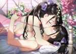  2girls absurdres black_hair blurry blurry_foreground blush bow breast_press breasts chemise closed_eyes depth_of_field eyebrows_visible_through_hair flower hair_bow highres indoors kantoku kiss large_breasts lingerie long_hair lying medium_breasts multiple_girls on_back on_bed on_stomach original profile purple_eyes scan sideboob twintails underwear underwear_only yuri 