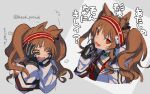 1girl :d angelina_(arknights) animal_ear_fluff animal_ears arknights black_shirt brown_hair cropped_torso flying_sweatdrops grey_background hairband hands_on_own_face hands_up husui_parashi jacket long_hair long_sleeves looking_at_viewer multiple_views open_clothes open_jacket red_eyes red_hairband shirt sleeves_past_wrists smile striped striped_hairband translation_request twintails twitter_username two-tone_background upper_body white_jacket 