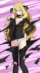  1girl black_bow black_eyes black_pants black_ribbon black_shirt blonde_hair blush bow bow_panties breasts choker cleavage collarbone cynthia_(pokemon) fur_collar hair_over_one_eye hair_ribbon highres long_bangs long_hair looking_at_viewer medium_breasts panties pants pokemon pokemon_(game) pokemon_dppt ribbon shirt sweat sweatdrop torn_clothes torn_pants tsukishiro_saika underwear v_neck white_panties wide-eyed 