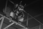  2022 anthro claws clothed clothing digital_media_(artwork) ear_tuft fully_clothed fur greyscale ipoke low-angle_view male mammal monochrome rodent sciurid solo toe_claws tuft 