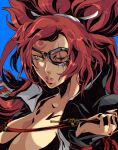  1girl baiken big_hair black_jacket blue_background breasts cleavage eyepatch guilty_gear guilty_gear_strive highres jacket jacket_on_shoulders japanese_clothes kaydeefoxx kimono large_breasts multicolored_clothes multicolored_kimono one-eyed open_clothes open_kimono orange_eyes ponytail red_hair samurai scar scar_across_eye scar_on_face 