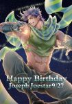  1boy abs battle_tendency black_hair blue_eyes blue_hair blue_scarf character_name crop_top dated fingerless_gloves gloves green_scarf happy_birthday highres jojo_no_kimyou_na_bouken joseph_joestar joseph_joestar_(young) libra male_focus midriff multicolored_clothes multicolored_scarf p_(asobijanenda) scarf solo sparkle striped striped_scarf 
