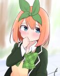  1girl bangs black_jacket blue_eyes blurry blurry_background blush bow closed_mouth collared_shirt commentary_request depth_of_field eyebrows_behind_hair go-toubun_no_hanayome green_bow green_ribbon hair_between_eyes hair_ribbon jacket kujou_karasuma long_sleeves looking_at_viewer nakano_yotsuba open_clothes open_jacket orange_hair ribbon shirt signature sleeves_past_wrists solo sweater_vest upper_body white_shirt 