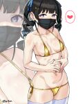  1girl bikini black_hair black_mask blue_ribbon blush breasts danchino drill_hair gold_bikini gradient_hair hair_ribbon half-closed_eyes heart looking_at_viewer mask medium_breasts micro_bikini mouth_mask multicolored_hair navel nijisanji own_hands_together purple_eyes ribbon side-tie_bikini signature smile solo spoken_heart standing steepled_fingers surgical_mask swimsuit thighhighs tsukino_mito twin_drills twintails white_background white_legwear zoom_layer 