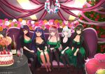  5girls black_hair breasts carmilla_(fate) emaxart fate/apocrypha fate/grand_order fate_(series) florence_nightingale_(fate) group_picture highres large_breasts looking_at_viewer martha_(fate) multiple_girls purple_hair scathach_(fate) semiramis_(fate) sitting smile valentine white_hair yellow_eyes 