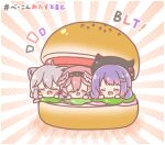  3girls ^_^ animal_ears beret bibi_(tokoyami_towa) black_hairband black_headwear blush chibi closed_eyes fang food hairband hat head_wings highres hololive lettuce lion_ears lion_girl mitarashi_neko multiple_girls open_mouth pink_hair pun purple_hair sandwich shishiro_botan short_hair skin_fang takane_lui tokoyami_towa virtual_youtuber 