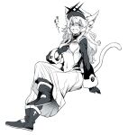  1girl alchemy_stars animal_ear_fluff animal_ears bangs blue_eyes boots breasts cat_ears cat_tail commentary_request covered_navel crossed_legs dress fang full_body gloves greyscale hat hibi_gakeppuchi invisible_chair long_hair looking_at_viewer medium_breasts monochrome nipples open_mouth peaked_cap philyshy_(alchemy_stars) simple_background sitting skin_fang solo spot_color tail translation_request white_background 