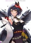  1girl absurdres artist_name bangs black_hair cruzvu detached_sleeves feathers genshin_impact highres japanese_clothes kujou_sara looking_at_viewer mask open_mouth short_hair simple_background solo teeth white_background wings yellow_eyes 