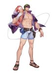  1boy abs bara beard belt chinese_commentary commentary_request facial_hair fire_emblem gerik_(fire_emblem) gloves green_eyes green_hair headband large_pectorals long_hair male_focus muscular muscular_male my_eight open_mouth pectorals scar smile solo 