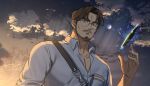 1boy bara blue_eyes brk_603 character_request closed_mouth commentary_request facial_hair glasses long_sideburns male_focus mature_male muscular muscular_male original pectoral_cleavage pectorals shirt short_hair sideburns solo strap thick_eyebrows white_shirt 