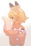  1girl animal_ear_fluff animal_ears ass blonde_hair blue_eyes body_fur fox_ears fox_girl fox_tail from_behind furry furry_female hand_on_hip highres leaning_forward looking_back open_mouth original panties racal_ra short_hair simple_background solo tail thigh_gap thighhighs thighs topless underwear white_background white_legwear white_panties 