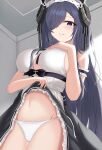  1girl absurdres apron august_von_parseval_(azur_lane) august_von_parseval_(the_conquered_unhulde)_(azur_lane) azur_lane black_dress black_ribbon breasts cameltoe clothes_lift clothing_cutout curled_horns dress dress_lift from_below hair_over_one_eye hand_on_own_chest highres horns indoors large_breasts looking_at_viewer looking_down maid_headdress mechanical_horns official_alternate_costume panties purple_eyes purple_hair ribbon ribbon_between_breasts sleeveless sleeveless_dress slqnsdl solo underboob_cutout underwear white_apron white_panties 