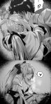  absurdres bangs bow braid breasts cleavage commentary_request dress fate/grand_order fate_(series) french_braid fujimaru_ritsuka_(male) girl_on_top greyscale hair_bow heart highres hxd kiss large_breasts long_hair long_sleeves monochrome morgan_le_fay_(fate) open_mouth ponytail short_hair sidelocks smile spoken_heart very_long_hair 