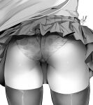  1girl ass ass_focus clothes_lift commentary_request from_behind greyscale highres long_hair lower_body miniskirt mole mole_on_thigh monochrome noto_kurumi original panties pleated_skirt print_panties signature simple_background skirt skirt_lift solo thighhighs underwear very_long_hair wedgie white_background 