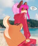  ambiguous_gender anthro ass_up bored_user brown_body brown_eyes brown_fur butt clothing fur hair hi_res lifeguard mammal multicolored_body multicolored_fur piercing pink_hair solo species_request two_tone_body two_tone_fur whistle_(object) 