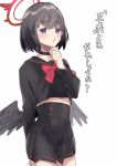  1girl :o absurdres akutaa arm_behind_back bangs black_choker black_hair black_sailor_collar black_serafuku black_skirt black_wings blue_archive bow choker crop_top feathered_wings feet_out_of_frame finger_to_own_chin halo high-waist_skirt highres light_blush mashiro_(blue_archive) midriff_peek parted_lips purple_eyes red_bow sailor_collar school_uniform serafuku simple_background skirt solo white_background wings 