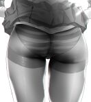  1girl ass ass_focus clothes_lift from_behind greyscale highres lifted_by_self lower_body monochrome noto_kurumi original panties panties_under_pantyhose pantyhose pleated_skirt simple_background skirt skirt_lift solo striped striped_panties underwear white_background 