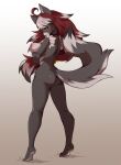  anthro breasts butt canid canine canis choker coffeechicken crossed_arms female fur genitals grey_body grey_fur hair hi_res jewelry kalia_(kaggy1) looking_at_viewer looking_back mammal multicolored_body multicolored_hair necklace nipples nude pussy rear_view red_hair solo tiptoes white_hair wolf wolf_tail yellow_eyes 