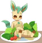  2022 3_toes ambiguous_gender anthro blush brown_body brown_eyes brown_fur eeveelution feet food fruit fur green_body green_fur kemono leaf leafeon lettuce looking_at_viewer multicolored_body multicolored_fur nintendo nude plant plate pok&eacute;mon pok&eacute;mon_(species) salad salad_dressing simple_background solo sum tan_body tan_fur toes tomato translated_description vegetable video_games white_background 
