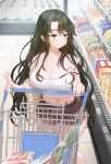  +_+ 1girl bag bangs bare_shoulders black_bra blush bra breasts brown_hair cleavage collarbone commentary_request convenience_store earrings eyebrows_visible_through_hair eyelashes fingernails food green_eyes groceries hair_between_eyes highres holding indoors jewelry korean_commentary kuzel_(bonolangje) large_breasts long_hair midriff navel original parted_bangs price_tag shelf shop shopping shopping_bag shopping_cart solo spaghetti_strap standing stomach strap_slip stud_earrings supermarket tank_top tile_floor tiles underwear vegetable very_long_hair white_tank_top 