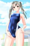  1girl absurdres arena_(company) blue_sky blue_swimsuit breasts brown_eyes cameltoe cloud collarbone competition_swimsuit covered_navel cowboy_shot grey_hair hair_ribbon highres kantai_collection logo long_hair looking_at_viewer one-piece_swimsuit ribbon sky small_breasts smile solo swimsuit takafumi twintails white_ribbon zuikaku_(kancolle) 