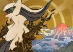  absurdres arceus brown_background closed_mouth colored_sclera commentary_request fog green_sclera highres mountain no_humans pokemon pokemon_(creature) red_eyes solo umeda_warehouse water waves 