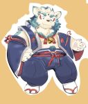  2022 agyou anthro asian_mythology belly bottomwear clothing east_asian_mythology foo_dog footwear hi_res japanese_mythology kemono komainu lifewonders male mammal mythology overweight overweight_male pants raio_owo sandals simple_background solo tokyo_afterschool_summoners video_games white_body young yōkai 