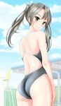  1girl absurdres ass blue_sky breasts brown_eyes cloud competition_swimsuit cowboy_shot from_behind grey_hair grey_swimsuit grin hair_ribbon highres kantai_collection long_hair looking_at_viewer looking_back one-piece_swimsuit ribbon sky small_breasts smile solo swimsuit takafumi twintails white_ribbon zuikaku_(kancolle) 