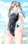  1girl absurdres arena_(company) black_swimsuit blue_sky breasts brown_eyes cameltoe cloud collarbone competition_swimsuit covered_navel cowboy_shot grey_hair hair_ribbon highres kantai_collection logo long_hair looking_at_viewer one-piece_swimsuit ribbon sky small_breasts smile solo swimsuit takafumi twintails white_ribbon zuikaku_(kancolle) 