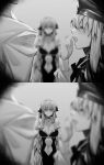  1boy 2girls artoria_pendragon_(caster)_(fate) artoria_pendragon_(fate) bangs beret blurry bow breasts center_opening cleavage closed_eyes commentary_request depth_of_field dress fate/grand_order fate_(series) fujimaru_ritsuka_(male) greyscale hair_bow hat highres hxd large_breasts long_hair long_sleeves monochrome morgan_le_fay_(fate) multiple_girls navel open_mouth ponytail sidelocks smile very_long_hair 