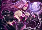  1girl artist_name ass bare_shoulders black_footwear black_gloves blindfold bodysuit boots breasts chain commentary covered_eyes elbow_gloves fate/grand_order fate/stay_night fate_(series) gloves highres holding holding_weapon incoming_attack large_breasts long_hair medusa_(fate) medusa_(rider)_(fate) moon night outdoors purple_hair revision smile solo the_golden_smurf thigh_boots thighhighs very_long_hair weapon 