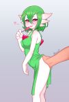  1boy 1girl :p ass_grab blush breasts candy colored_skin covered_nipples dress fewer_digits food from_side gardevoir green_dress green_hair grey_background heart hetero highres holding holding_candy holding_food holding_lollipop kionant lollipop looking_at_viewer looking_to_the_side medium_breasts medium_hair no_panties pale_skin pink_eyes pokemon pokemon_(creature) pov pov_hands seductive_smile side_slit signature smile solo_focus tongue tongue_out white_skin 