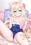  1girl animal_ear_fluff animal_ears bangs blonde_hair blue_eyes blue_swimsuit blush breasts cat_ears cat_girl cat_tail clothes_pull eyebrows_visible_through_hair gloves hair_between_eyes hands_up highres holding holding_pen long_hair looking_at_viewer nami_(nyaa) nipples old_school_swimsuit one-piece_swimsuit original parted_lips pen pillow round_eyewear school_swimsuit sitting small_breasts solo spread_legs swimsuit swimsuit_pull tablet_pc tail tears very_long_hair wavy_mouth 