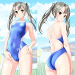  1girl absurdres arena_(company) ass blue_sky blue_swimsuit breasts brown_eyes cameltoe cloud collarbone competition_swimsuit covered_navel cowboy_shot from_behind grey_hair grin hair_ribbon highres kantai_collection logo long_hair looking_at_viewer looking_back multiple_views one-piece_swimsuit ribbon sky small_breasts smile split_theme swimsuit takafumi twintails white_ribbon zuikaku_(kancolle) 