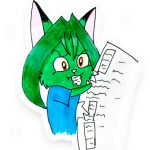  angry azimoert canid canine cat_smile chewing clothing fox green_body green_hair hair mammal newspaper orange_eyes pink_nose revange shirt sticker t-shirt topwear 