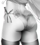  1girl ass ass_focus from_behind greyscale highres long_hair lower_body monochrome noto_kurumi original panties side-tie_panties signature simple_background solo thighhighs underwear very_long_hair wedgie white_background 
