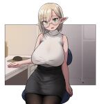  1girl :d arm_support armpit_crease bangs bare_arms bare_shoulders black_legwear black_skirt blonde_hair bob_cut border breasts chair commentary_request desk dot_nose drawer earrings elf eyebrows eyebrows_visible_through_hair eyes_visible_through_hair geso_smith glasses green_eyes hair_behind_ear hand_on_table head_tilt high-waist_skirt high_collar highres huge_breasts indoors jewelry looking_at_viewer miniskirt mole mole_under_eye mouse_(computer) mousepad_(object) office office_chair office_lady on_chair open_mouth original outside_border pantyhose parted_bangs pencil_skirt pointy_ears semi-rimless_eyewear shirt shirt_tucked_in short_hair sidelighting silhouette sitting skirt sleeveless sleeveless_shirt sleeveless_turtleneck smile solo stud_earrings thick_eyebrows tsurime turtleneck under-rim_eyewear white_border white_shirt 