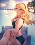  1boy 1girl absurdres black_swimsuit blonde_hair blue_eyes blurry blurry_background blush commentary english_commentary hairband hetero highres holding_hands league_of_legends long_hair looking_at_viewer lux_(league_of_legends) open_mouth pier smile summer swimsuit tsuaii 