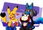  &lt;3 ... abs anthro big_breasts blonde_hair breasts cleavage clothed clothing duo female hair hand_on_hip hi_res lucario nintendo open_mouth open_smile pikachu pok&eacute;mon pok&eacute;mon_(species) smile solratic video_games 