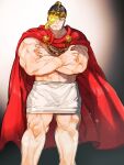  1boy abs ares_(shuumatsu_no_valkyrie) bara blonde_hair blue_eyes cape closed_mouth commentary_request crossed_arms helmet highres lostdog121 male_focus mature_male muscular muscular_male navel red_cape shuumatsu_no_valkyrie solo 