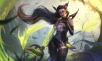  1girl absurdres alternate_costume bare_shoulders bridal_gauntlets closed_eyes commentary facing_viewer glowing glowing_hair highres janna_(league_of_legends) league_of_legends long_hair looking_down pointy_ears solo thigh_gap thighs vincent_t_(oriaarts) 