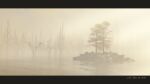  artist_name bare_tree blurry blurry_background bush commentary_request dated fog highres island letterboxed monochrome no_humans original reflection reflective_water scenery sepia tree waisshu_(sougyokyuu) watermark 