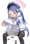  1girl :d antenna_hair armband badge bangs black_legwear blue_archive blue_hair blue_headwear blue_necktie blue_skirt blue_vest blush bow chair collared_jacket collared_shirt crossed_arms doughnut feet_out_of_frame food fubuki_(blue_archive) grey_hair hair_bow hair_ornament halo heart heart_hair_ornament high_collar highres holding holding_food jacket kandori long_hair looking_at_viewer multicolored_hair necktie pantyhose parted_bangs pencil_skirt red_eyes shirt simple_background sitting sitting_backwards skirt smile smug solo streaked_hair twintails vest walkie-talkie white_background white_bow white_jacket white_shirt 