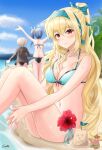  3girls beach bikini black_bikini blonde_hair blue_hair breasts day eyewear_removed flower gamryous girls&#039;_frontline green_bikini hair_ribbon hibiscus high_ponytail highres hood hoodie k11_(girls&#039;_frontline) long_hair m200_(girls&#039;_frontline) multiple_girls navel patrick_star red_eyes ribbon sand_castle sand_sculpture side_ponytail silver_hair sky sv-98_(girls&#039;_frontline) swimsuit 