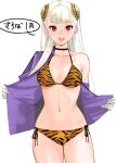  1girl animal_print bikini blush capcom_fighting_jam chinese_zodiac choker commentary_request gloves hairpods highres ingrid_(capcom) open_mouth platinum_blonde_hair print_bikini red_eyes removing_jacket solo swimsuit tetsu_(kimuchi) tiger_print translation_request white_gloves year_of_the_tiger 