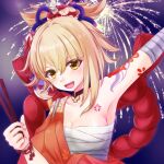  1girl :d arm_up armpits bandages bangs black_choker blonde_hair breasts chest_sarashi chest_tattoo choker cleavage commentary_request eyebrows_visible_through_hair fireworks genshin_impact highres holding horoyoi_(juno) japanese_clothes kimono looking_at_viewer medium_breasts orange_kimono partial_commentary sarashi short_hair shoulder_tattoo smile solo strapless tattoo tube_top upper_body wrist_wrap yellow_eyes yoimiya_(genshin_impact) 